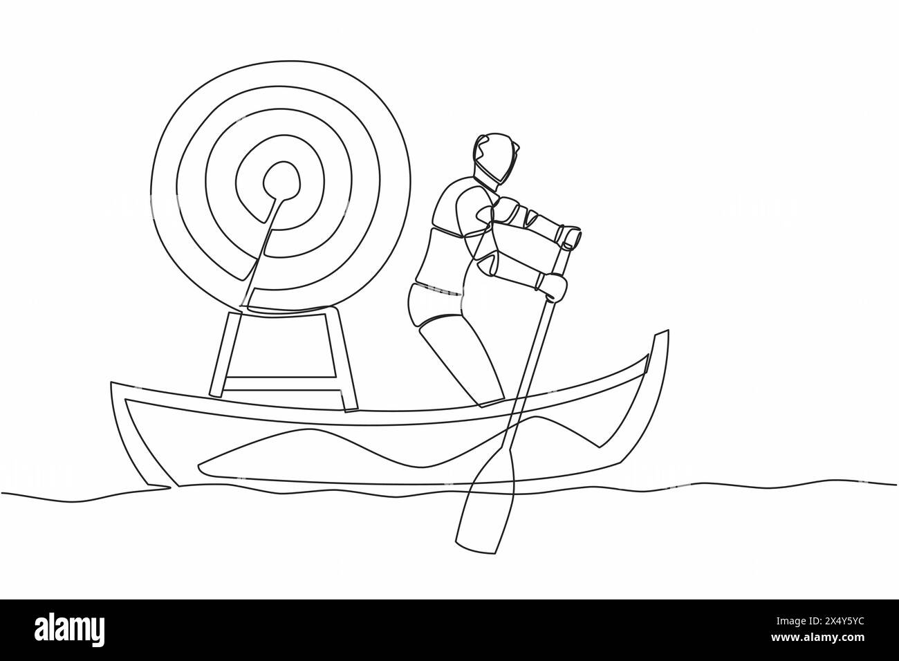 Single one line drawing standing smart robot in boat and sailing with