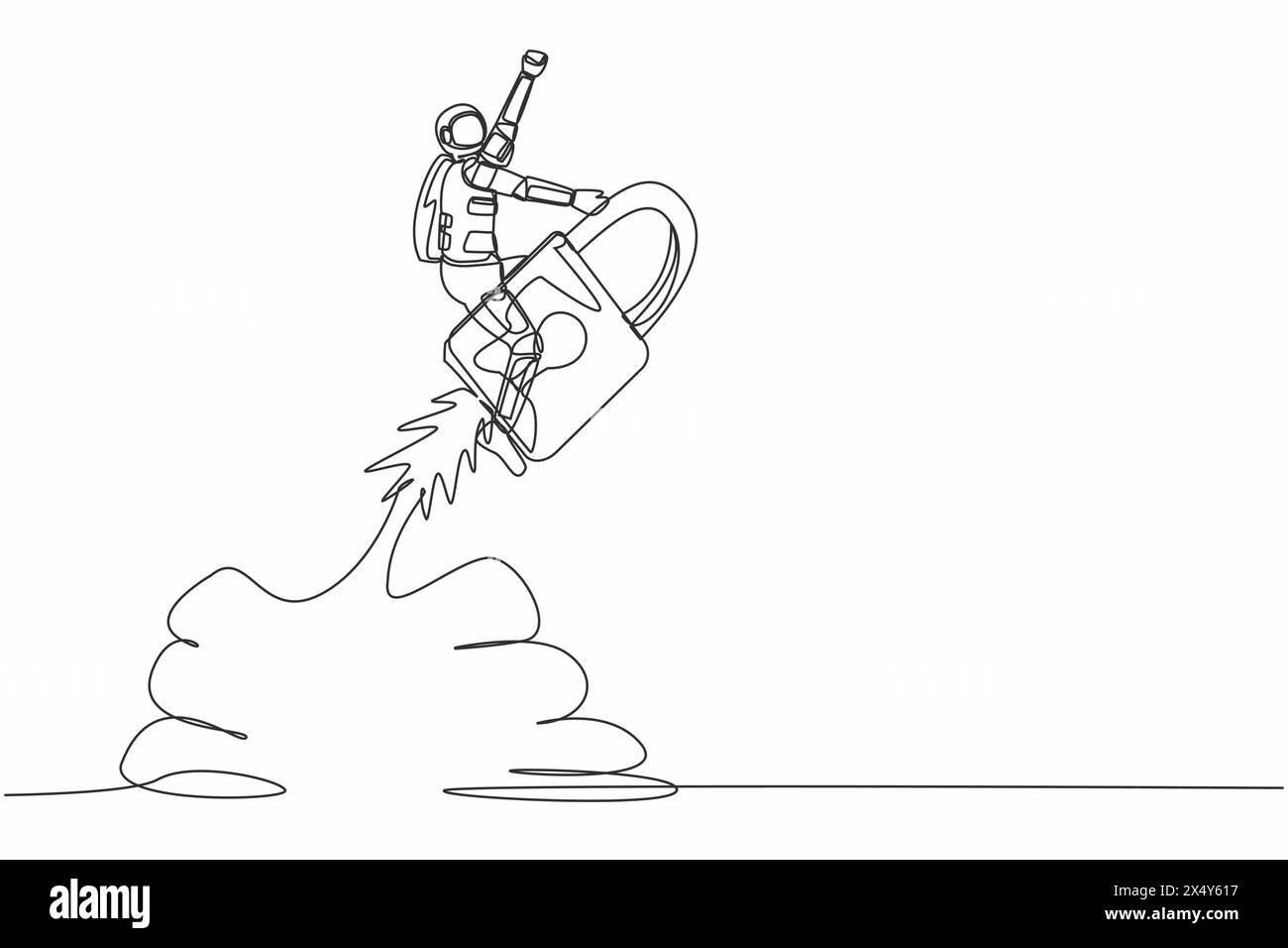 Single one line drawing young astronaut riding padlock rocket flying in ...