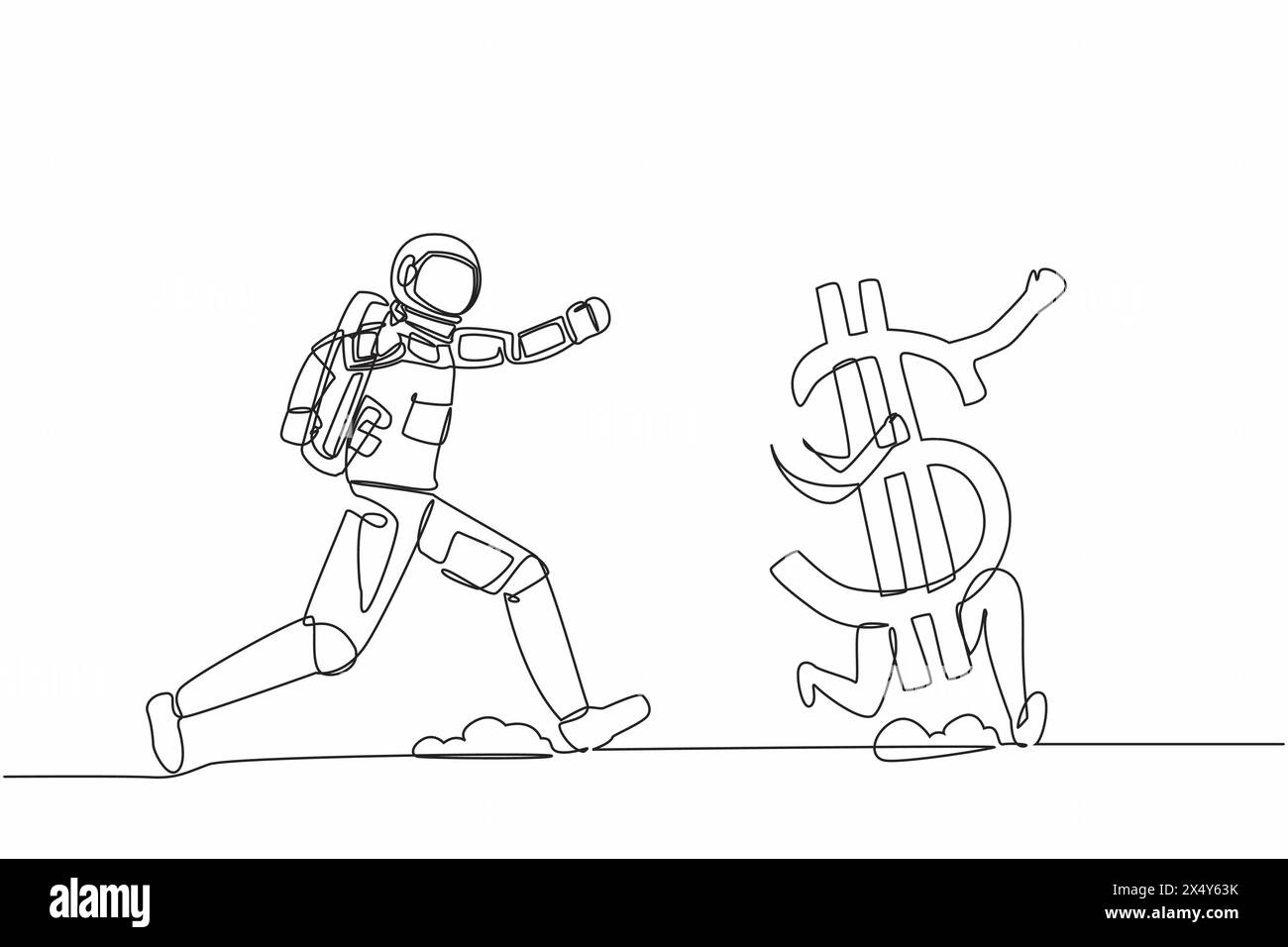 Single continuous line drawing young astronaut chasing dollar symbol in moon surface. Investment in space technology development. Cosmic galaxy space Stock Vector