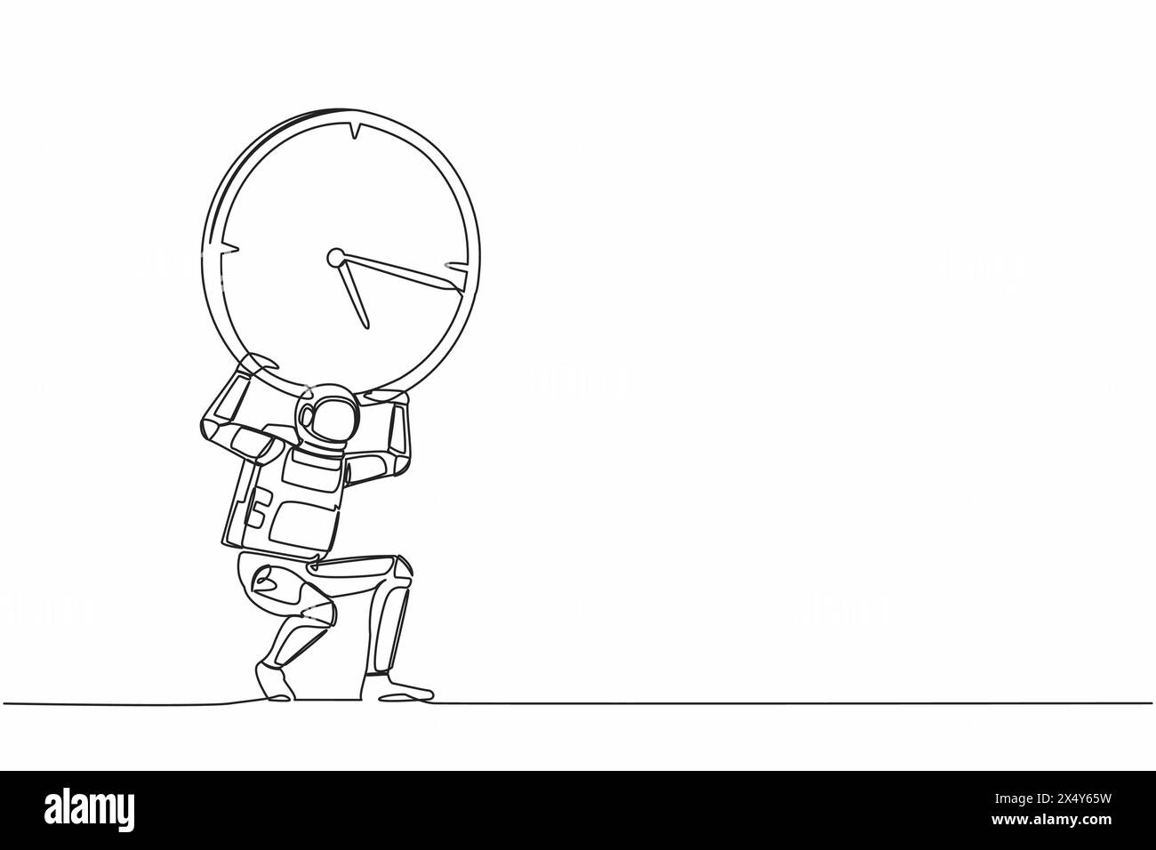 Continuous one line drawing young astronaut carrying heavy clock on his back. Galactic exploration within deadline and timeline. Cosmonaut outer space Stock Vector