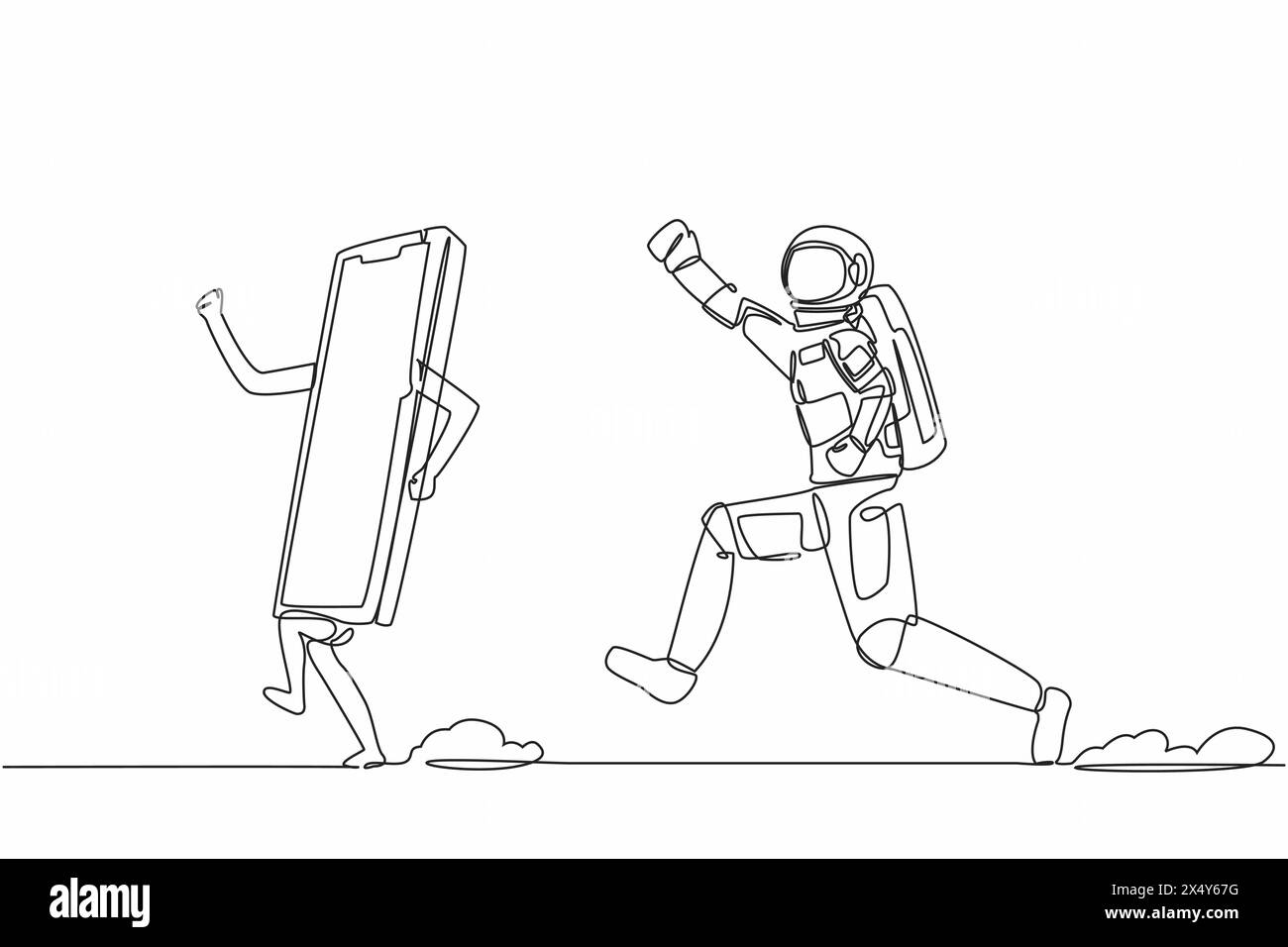 Continuous one line drawing of young astronaut run chasing smartphone ...