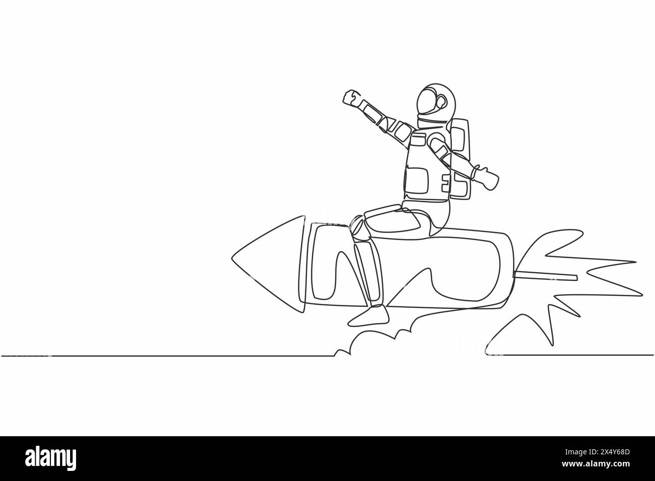 Single one line drawing of young astronaut flying high riding firework ...