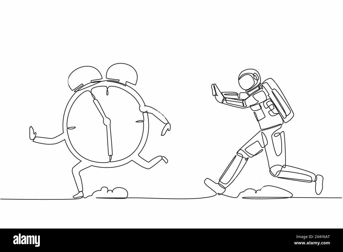 Continuous one line drawing of young astronaut run chasing alarm clock ...