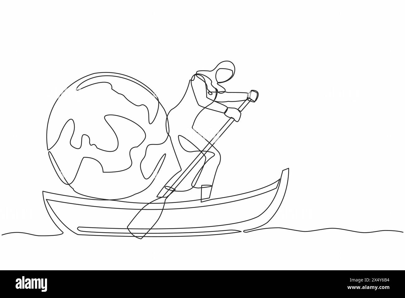 Single continuous line drawing Arab businesswoman standing in boat and
