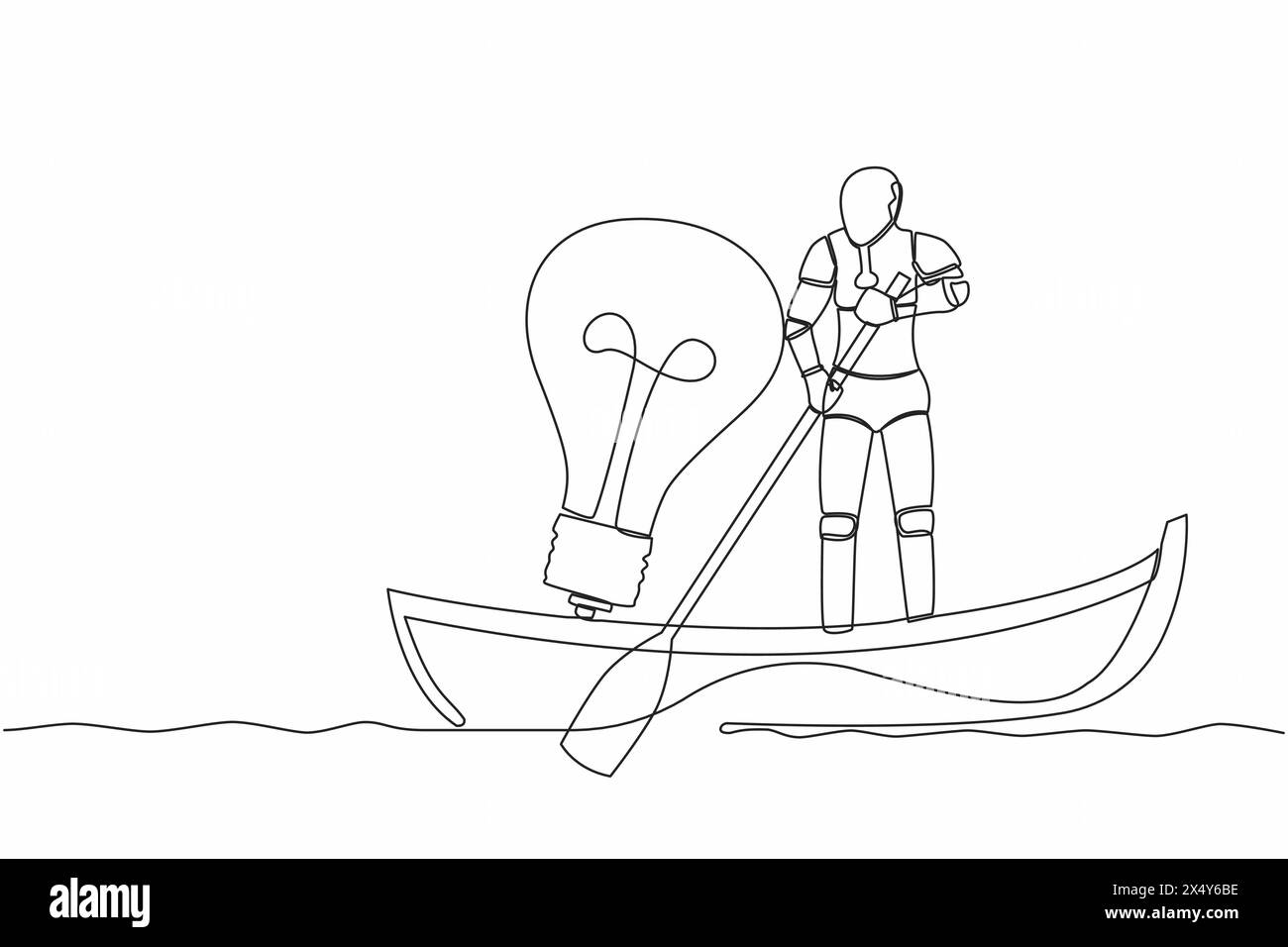Continuous one line drawing robot sailing away on boat with light bulb ...