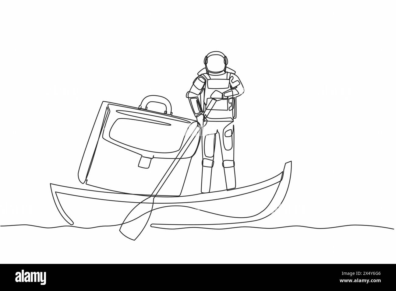 Continuous one line drawing young astronaut sailing away on boat with briefcase. Secret document storage in space missions. Cosmonaut outer space. Sin Stock Vector