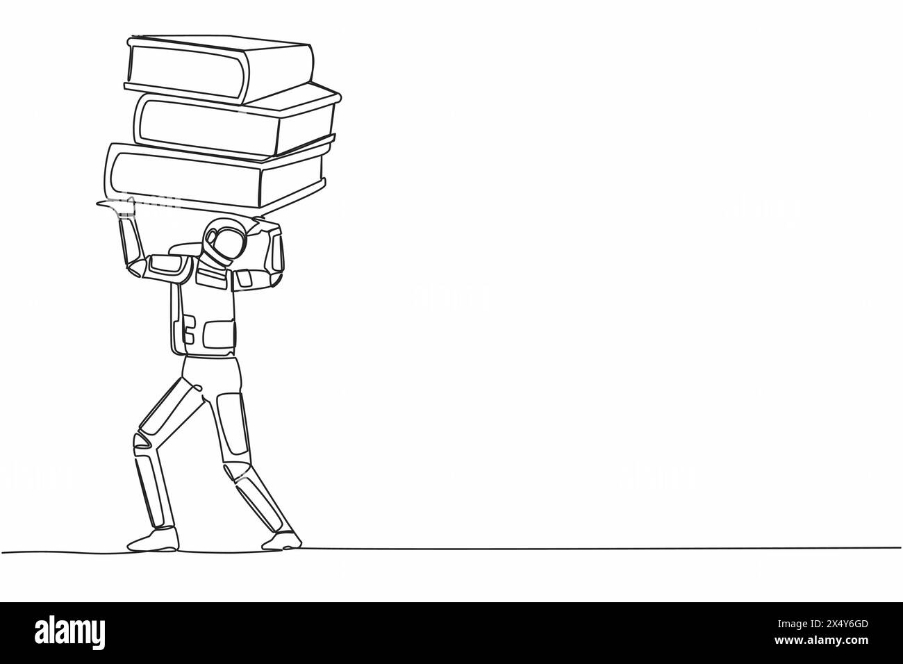 Single continuous line drawing astronaut carrying heavy pile paper folder on his back. Spaceship problem in database exploration. Cosmonaut deep space Stock Vector