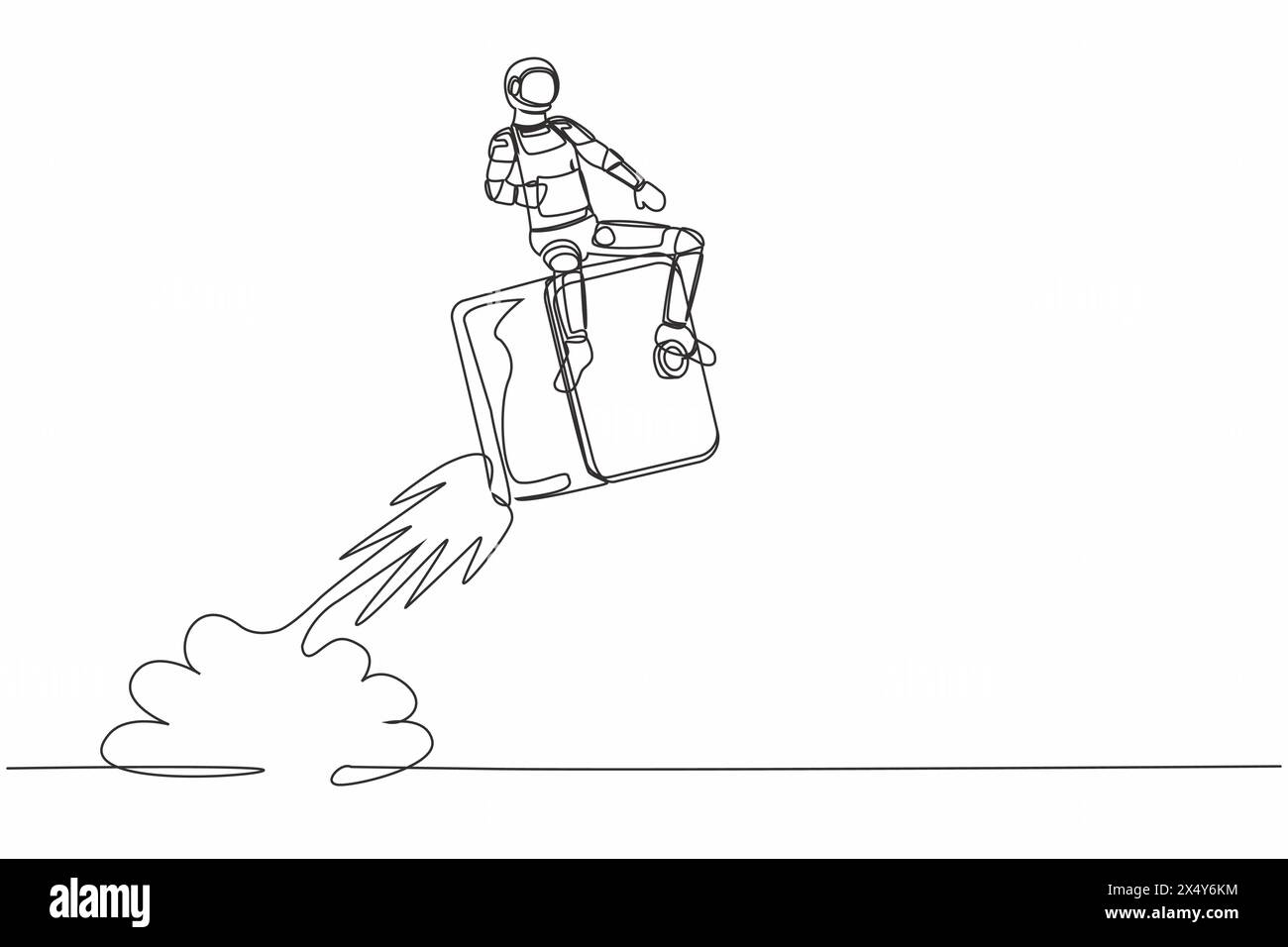 Single continuous line drawing young astronaut riding safe deposit box rocket flying in moon surface. Money protection at space company. Cosmonaut dee Stock Vector