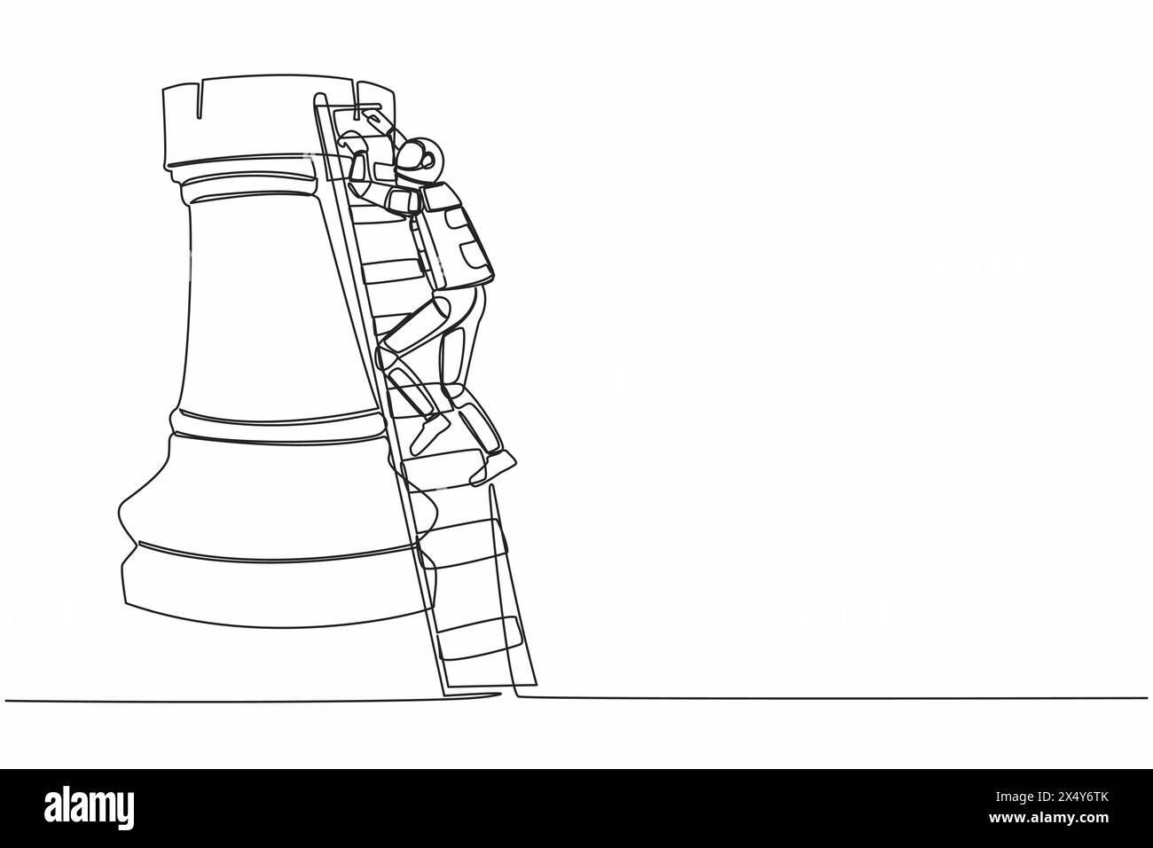 Single one line drawing astronaut climbing huge rook chess piece with ladder. Stages of success in preparing for space exploration. Cosmic galaxy spac Stock Vector