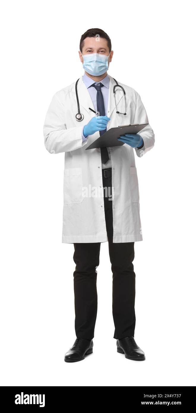 Doctor in medical mask with clipboard and pen isolated on white Stock Photo