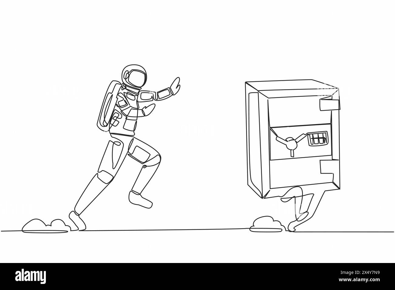 Single one line drawing of young astronaut run chasing safe deposit box ...