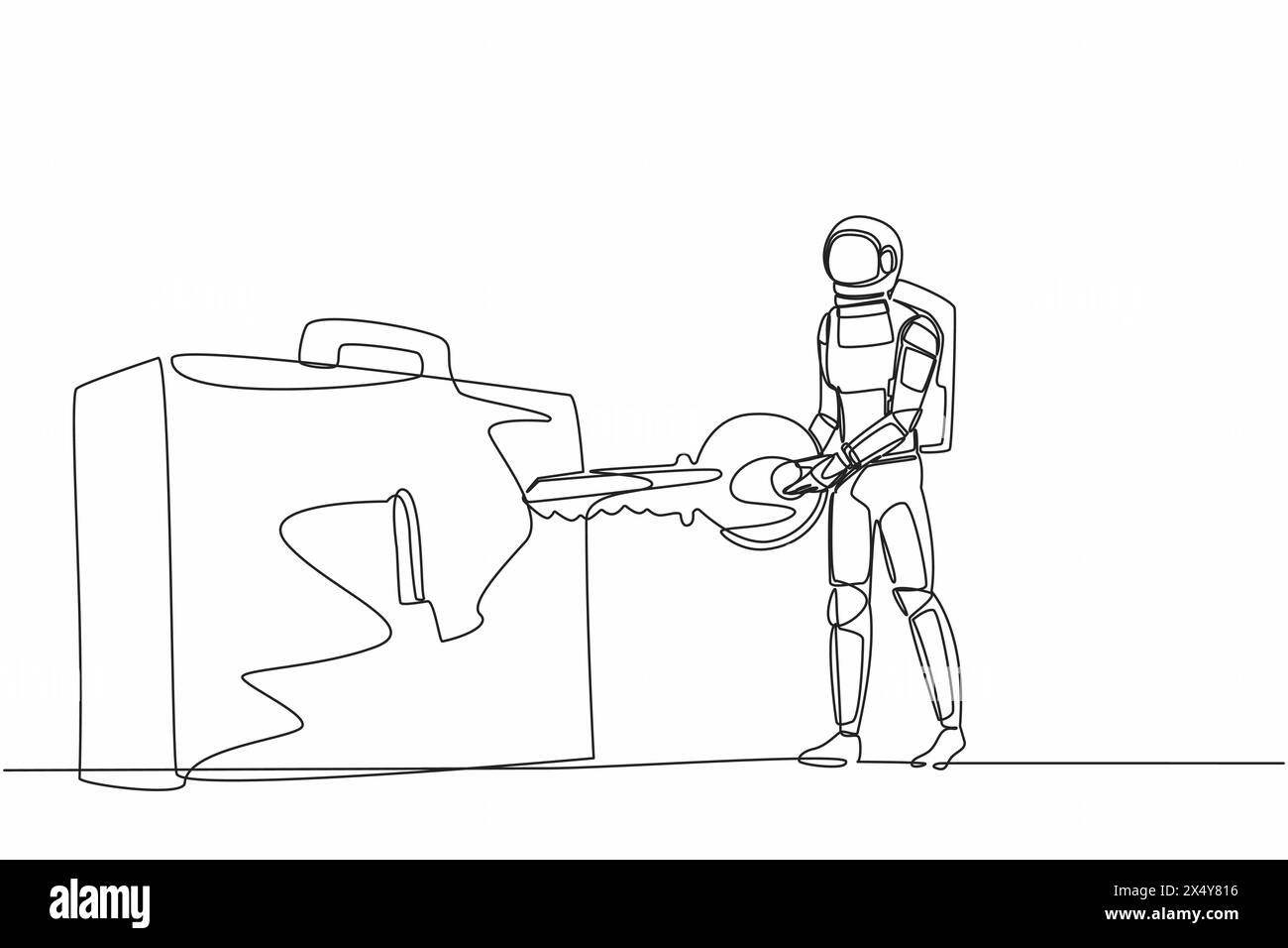 Single one line drawing of young astronaut putting key into briefcase ...