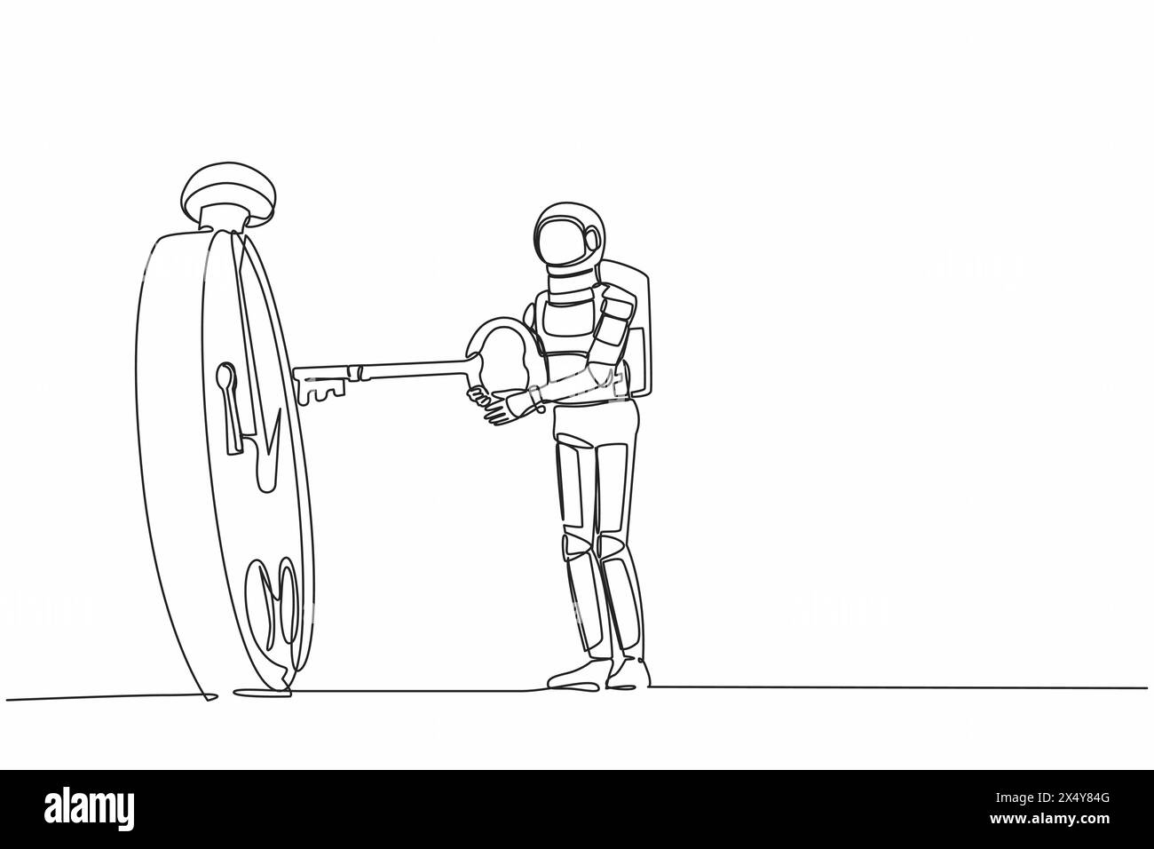 Continuous one line drawing young astronaut putting big key into ...