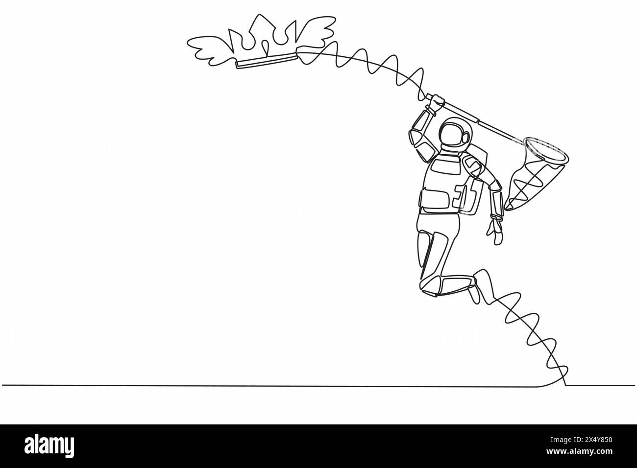 Single one line drawing young astronaut try to catching flying crown ...