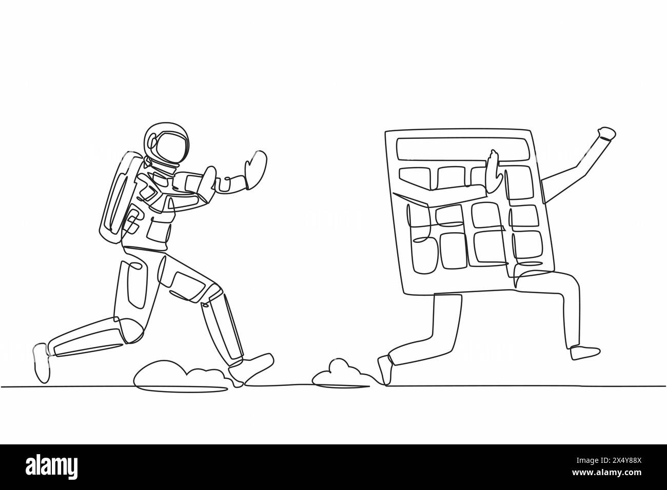 Single one line drawing young astronaut run chasing calculator in moon ...