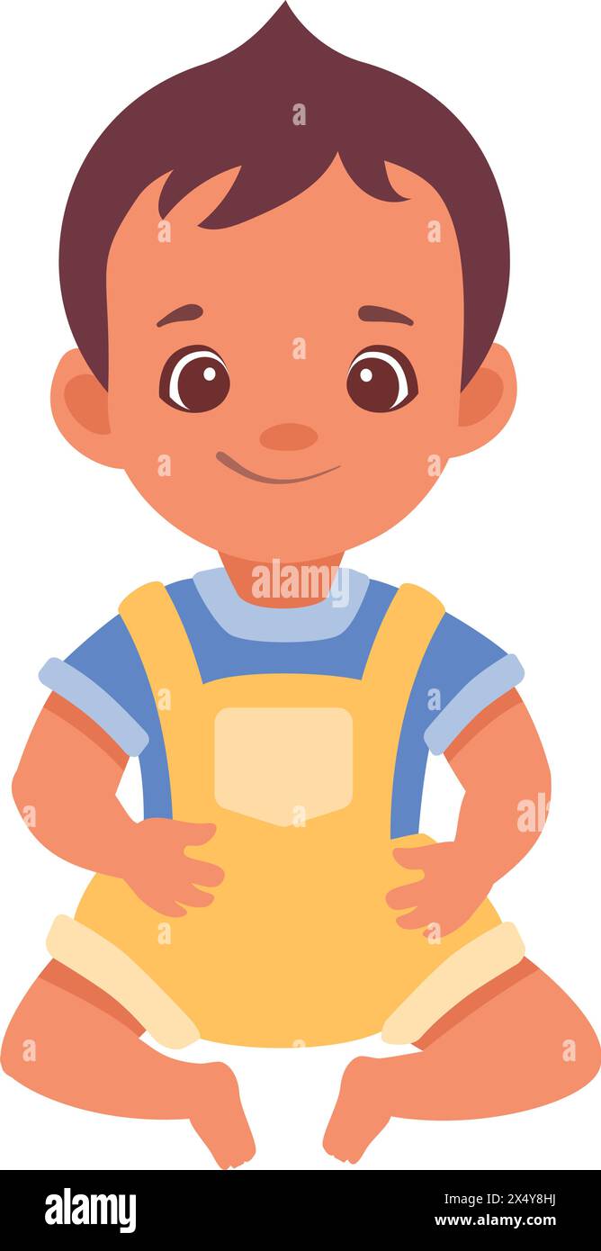 Cartoon baby boy sitting and smiling while wearing yellow overall and blue t-shirt Stock Vector