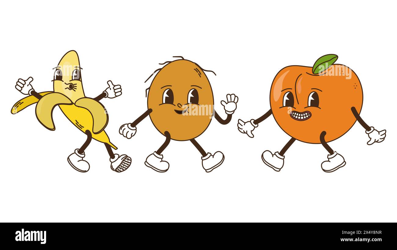 Fruits and berries in groovy style set. Banana coconut and orange. Characters trendy retro, comic mascot. Design banner poster. Y2k Hippie 70s, 80s. Vector illustration. Stock Vector