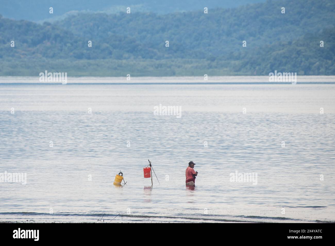 Subsistence or artisanal fishing is small scale marine harvest by individual fishermen, like this local man in Costa Rica catching fish in Golfo Dulce. Stock Photo