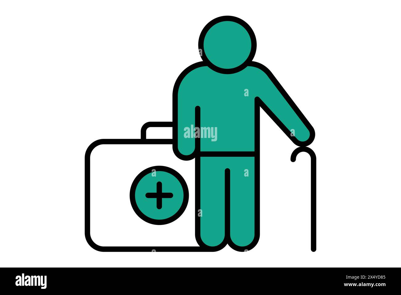 health icon. elderly using walking stick with health box. icon related to elderly. flat line icon style. old age element illustration Stock Vector