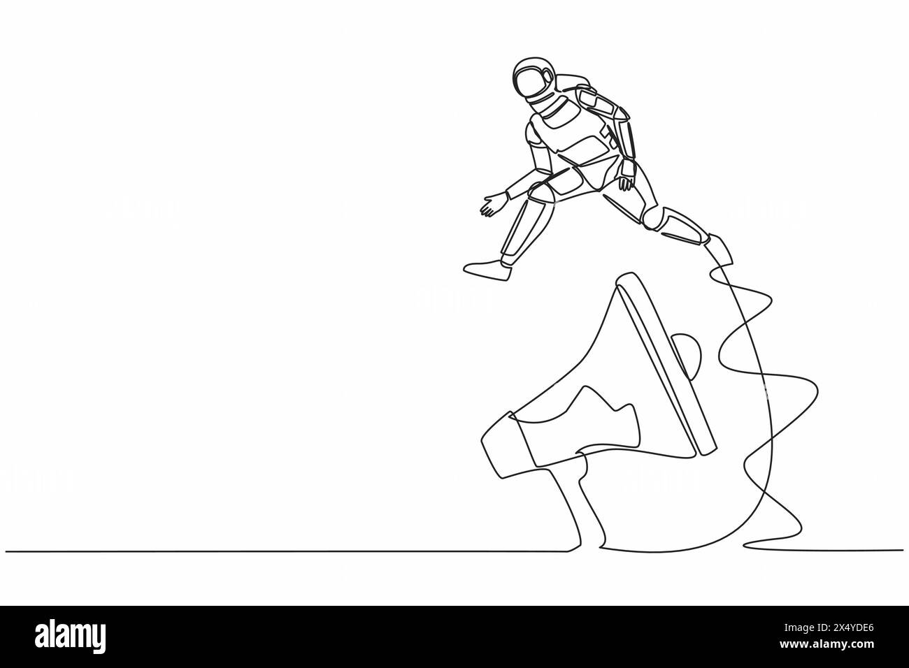 Continuous one line drawing young astronaut jumping over big megaphone ...
