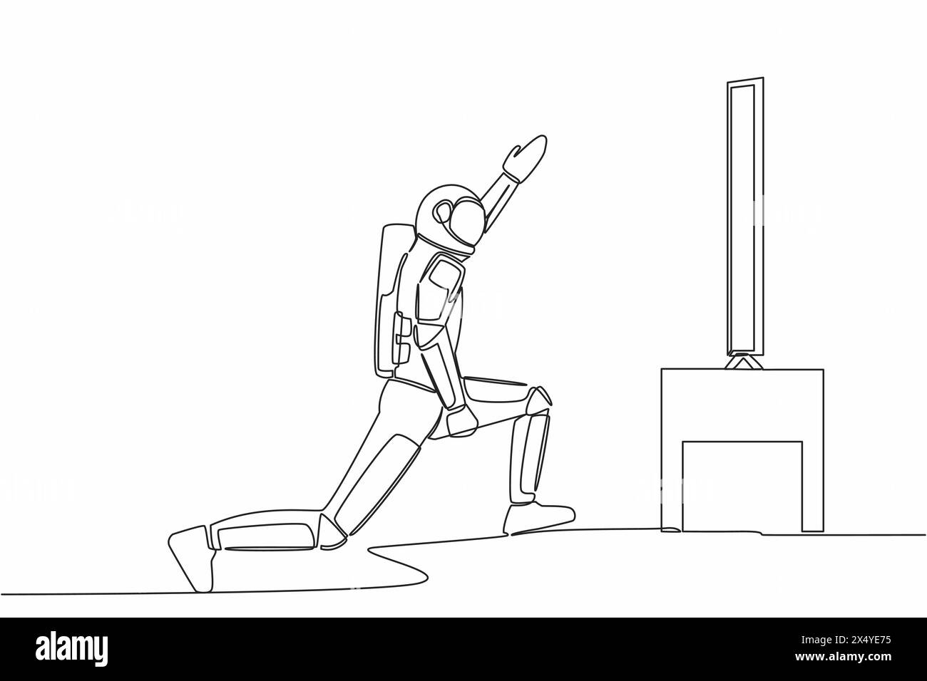 Continuous one line drawing astronaut doing fitness at moon surface in