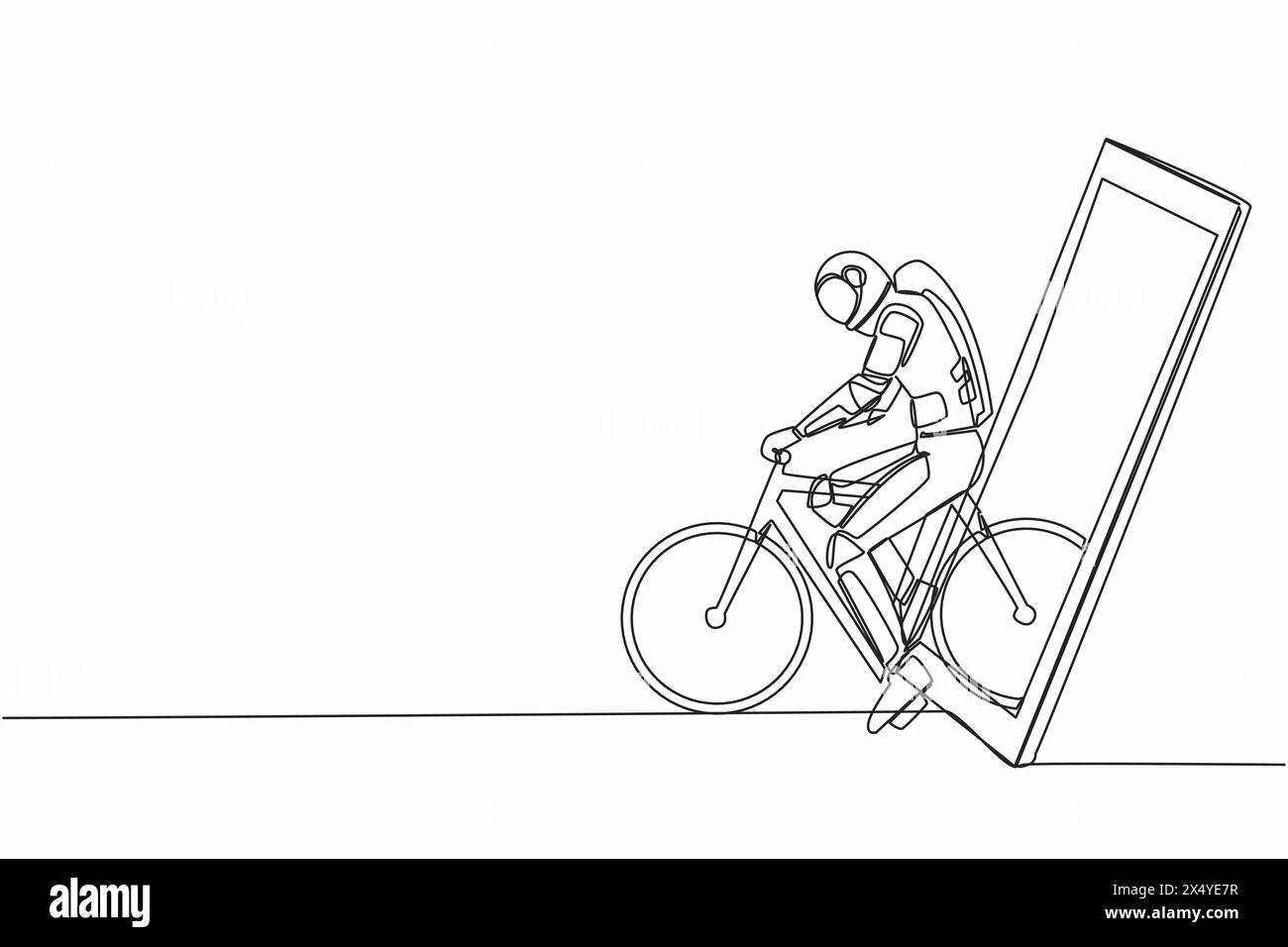 Single continuous line drawing young astronaut bicycle racer improve his speed at training session getting out of smartphone screen. Cosmonaut deep sp Stock Vector