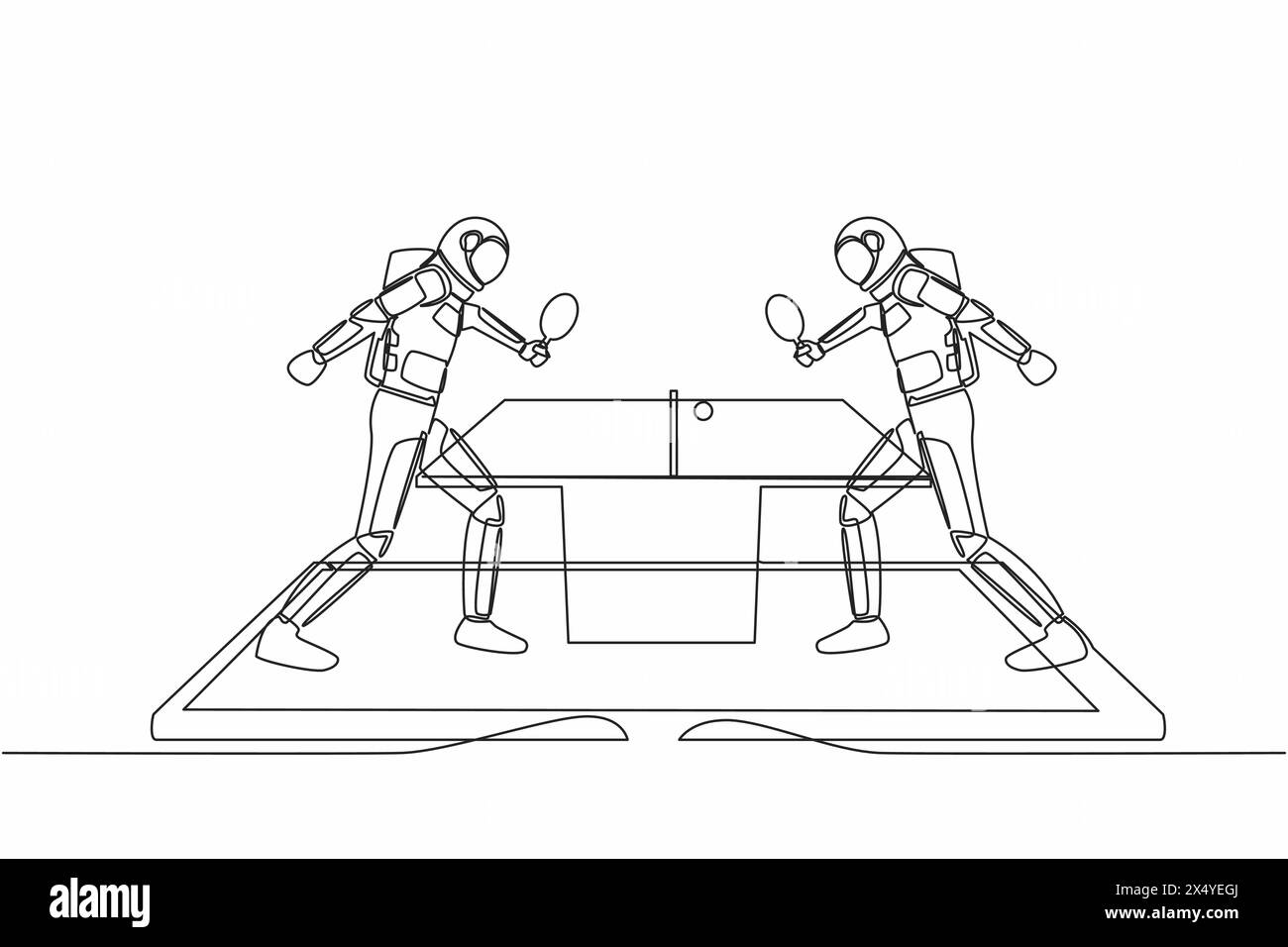 Single continuous line of drawing table tennis court with two astronaut players on smartphone screen. Professional sports competition. Cosmonaut deep Stock Vector