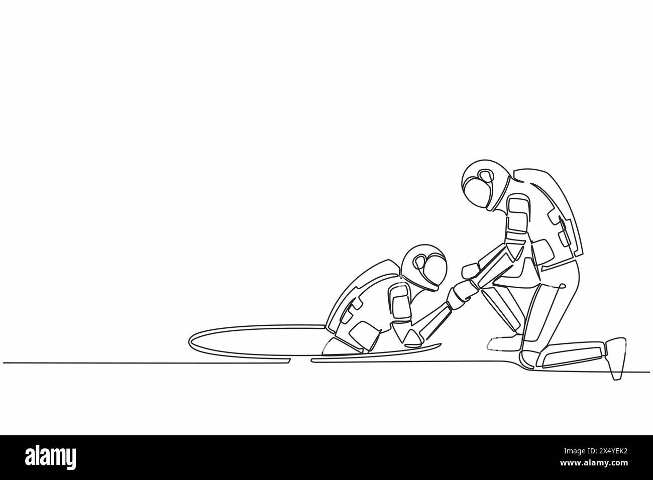 Continuous one line drawing astronaut helping his friend by take him ...