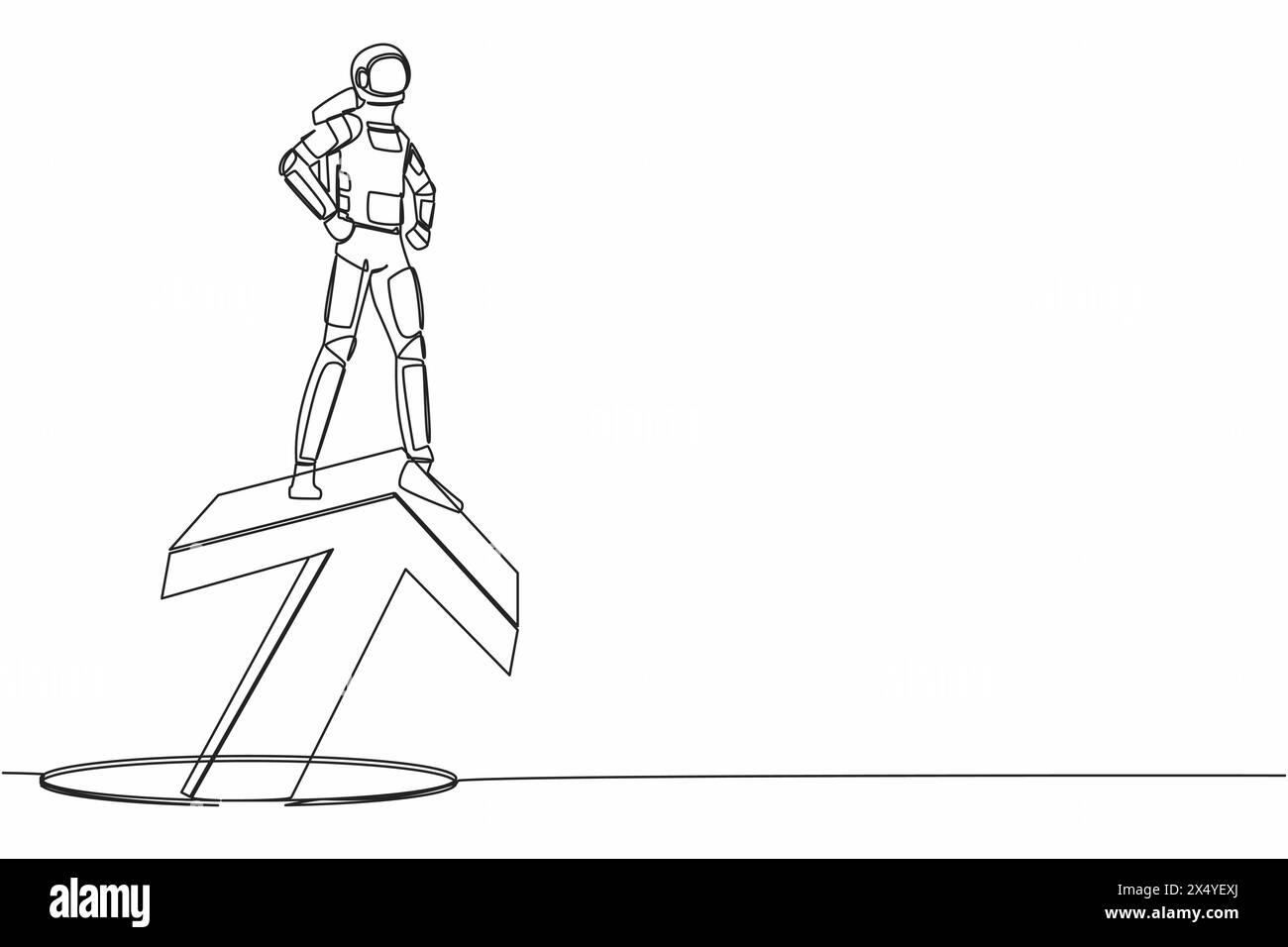 Continuous one line drawing astronaut standing on big arrow coming out ...