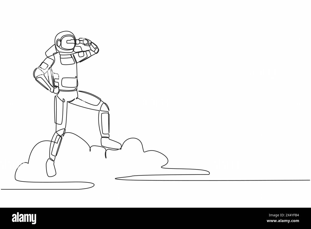 Single one line drawing young astronaut on cloud holding binocular to ...