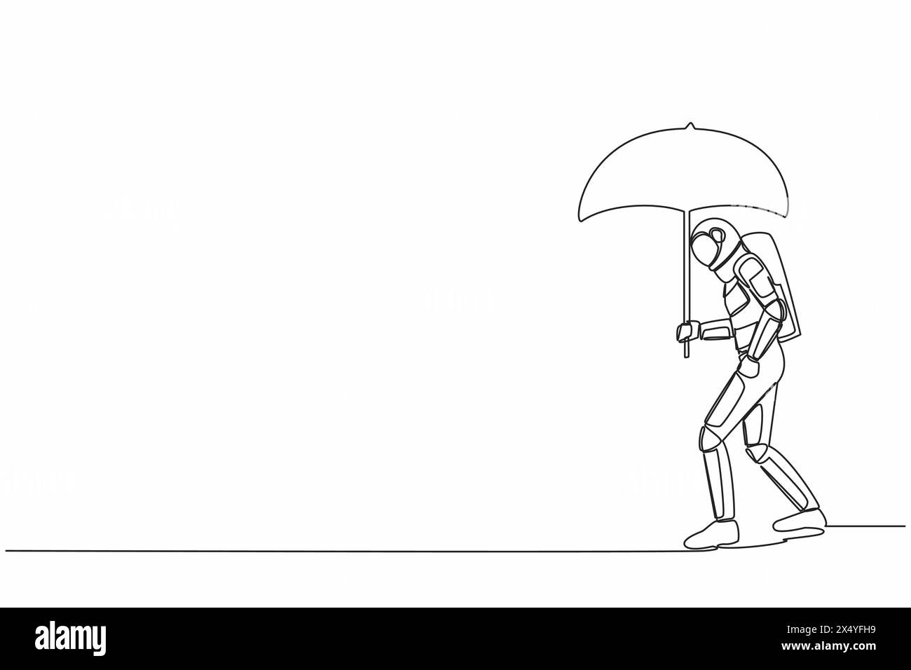 Single one line drawing young astronaut walking with umbrella under ...