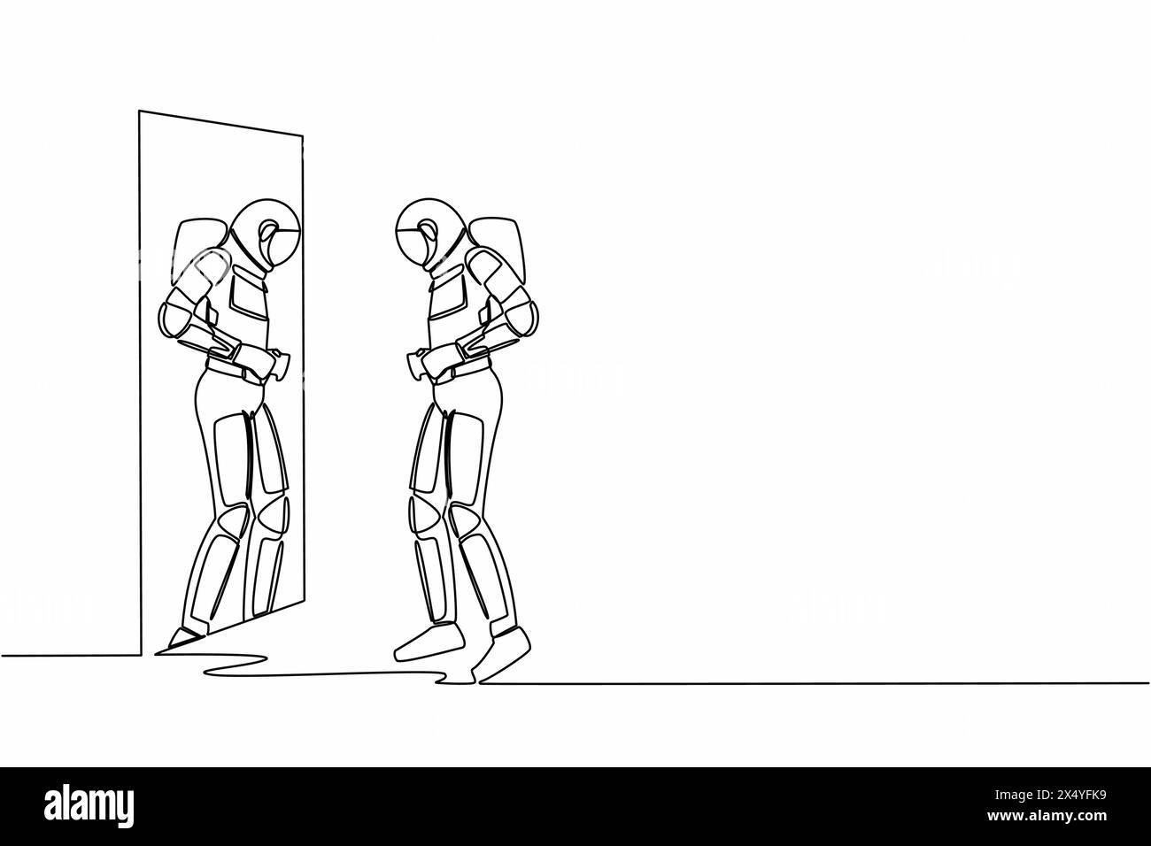 Single continuous line drawing astronaut standing front of mirror and see himself getting big belly and fix his belt. Obesity spaceman. Cosmonaut deep Stock Vector
