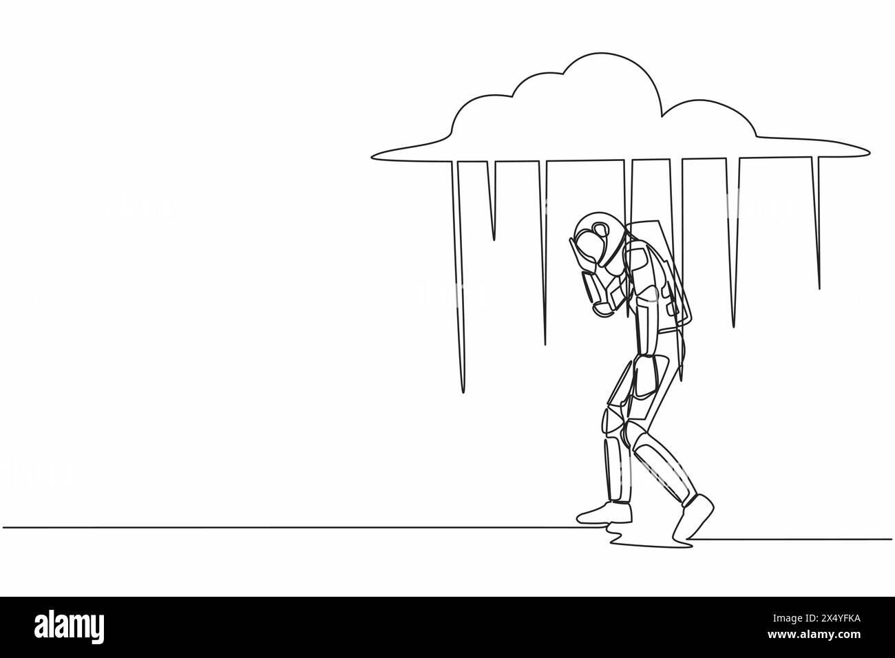 Continuous one line drawing young astronaut walking under rain cloud ...