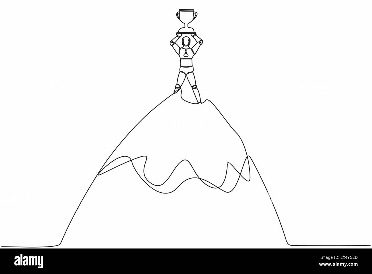 Single one line drawing robot lifting up trophy on top of high mountain. Success, goal, achievement. Future technology development. Machine learning p Stock Vector
