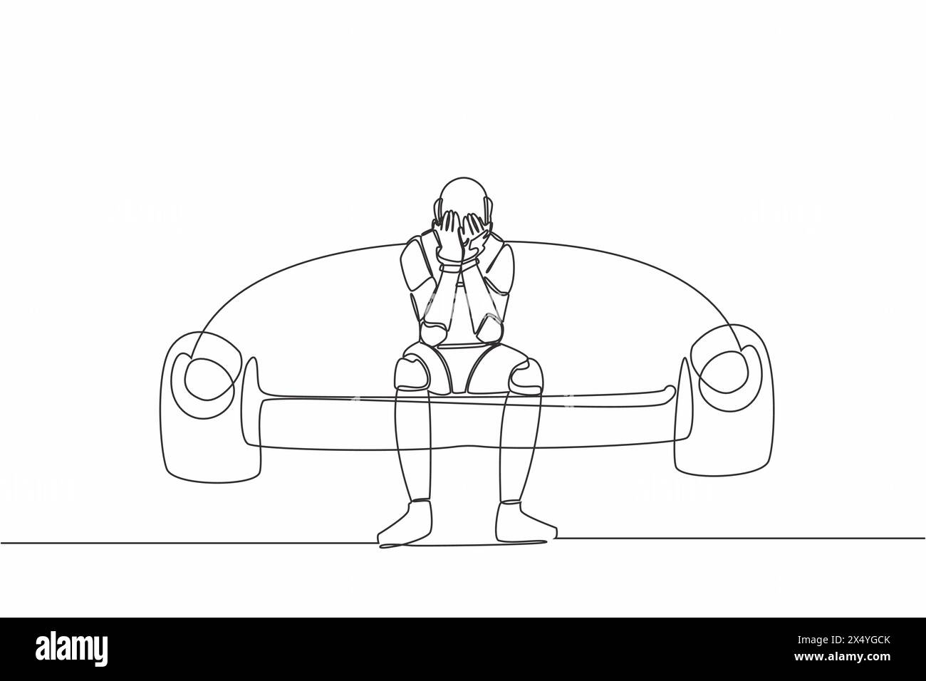 Single one line drawing lonely robot sitting on couch. Holding his head ...