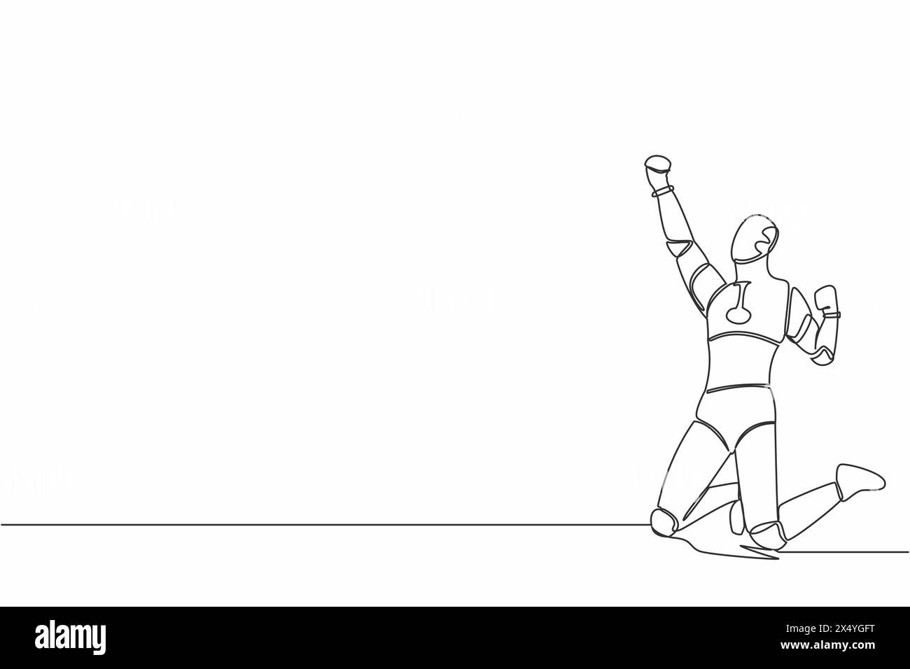 Continuous one line drawing happy robot kneeling with raised one hand ...