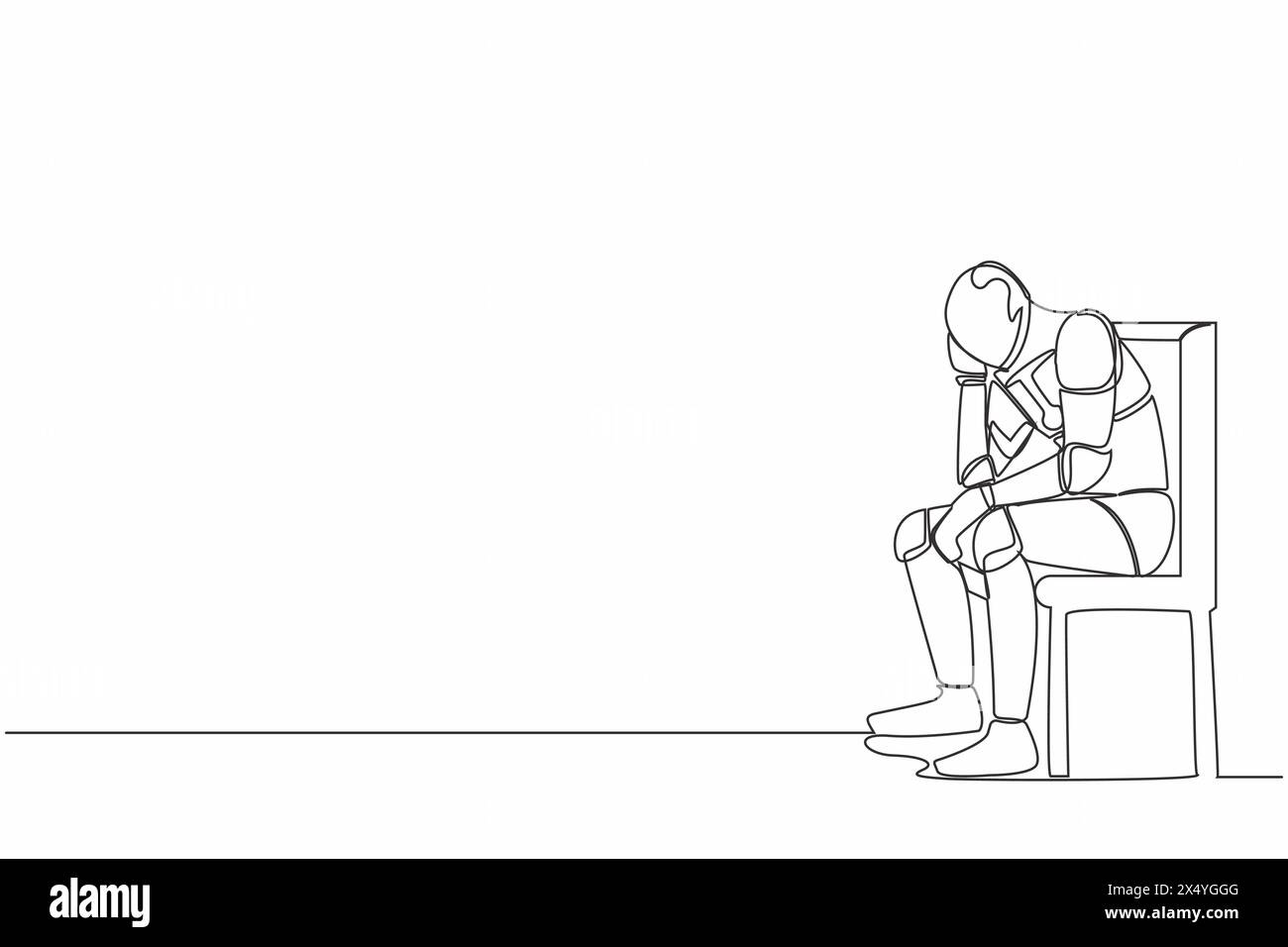 Single one line drawing sad depressed robot sitting on chair thinking ...