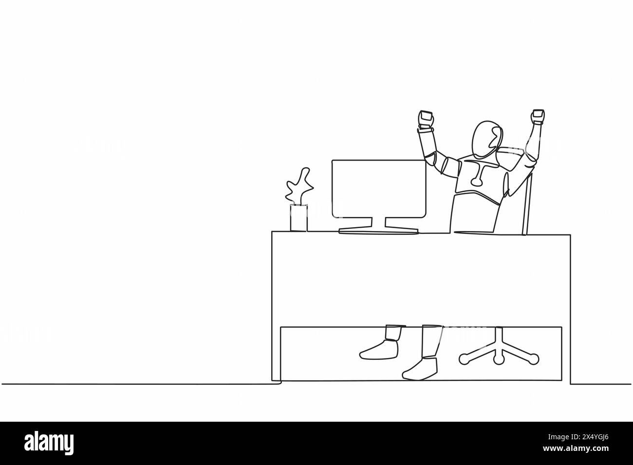 Single one line drawing happy robot sitting with raised hands near desk ...