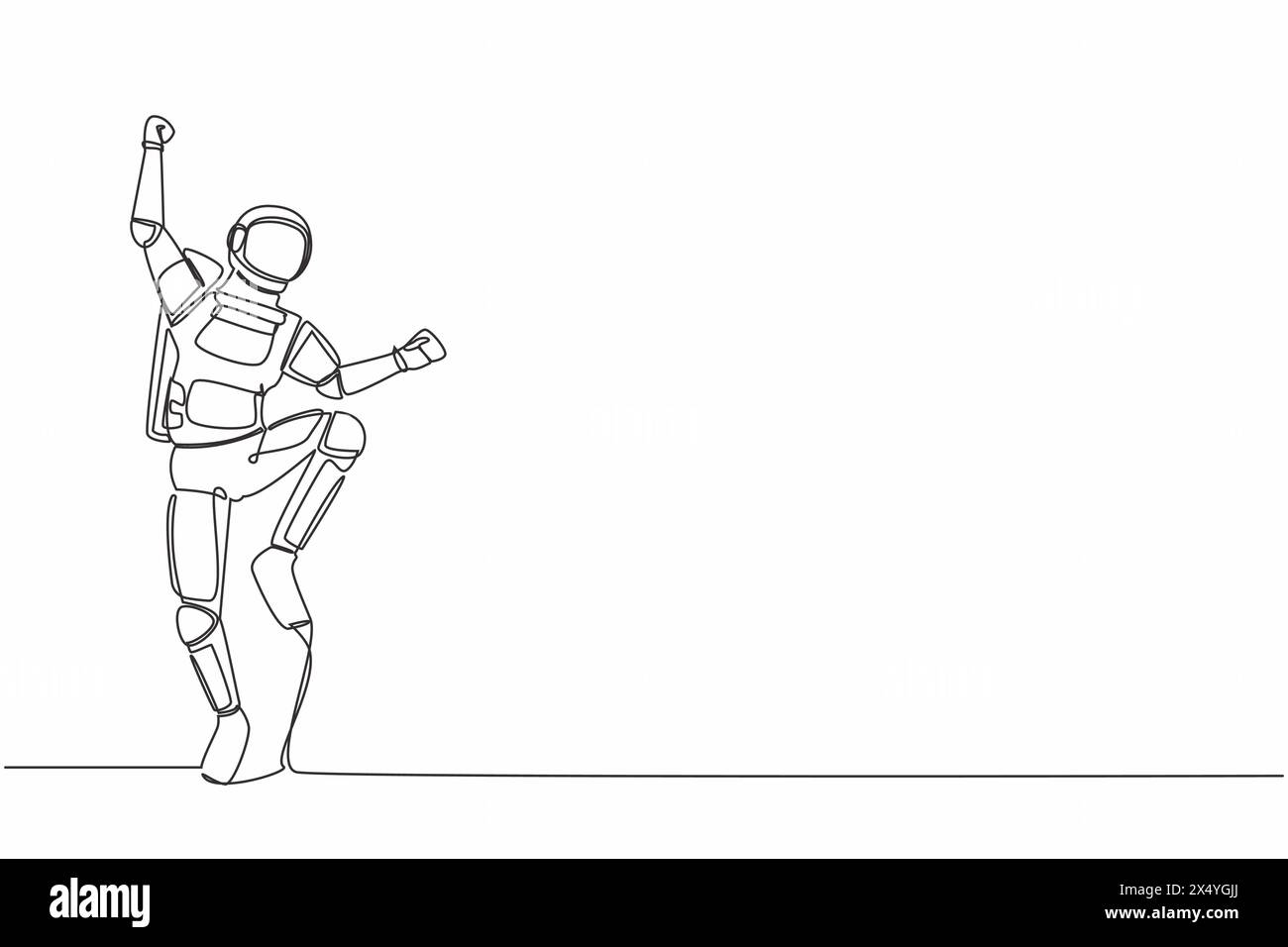 Single one line drawing of happy astronaut jump with folds one leg and ...
