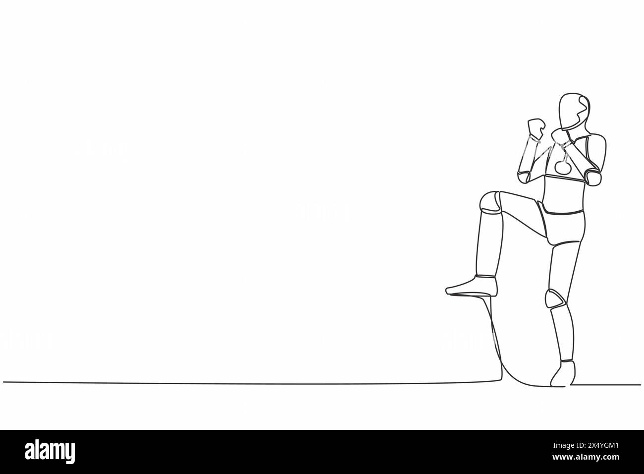 Continuous one line drawing happy robot standing with raised one leg ...