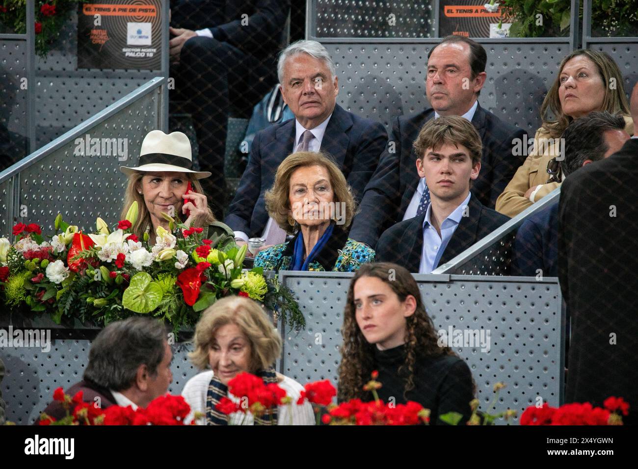 Madrid, Spain. 05th May, 2024. Former Queen Sofia (C) and Infanta Elena (L), Duchess of Lugo watch the Mutua Madrid Open men's final tennis match between Felix Auger-Aliassime of Canada and Andrey Rublev of Russia at Caja Magica stadium. The Russian tennis player Andrey Rublev has been proclaimed champion of the Madrid Masters 1000 after beating the Canadian Felix Auger-Aliassime in the final with sets of 4-6, 7-5, 7-5. (Photo by David Canales/SOPA Images/Sipa USA) Credit: Sipa USA/Alamy Live News Stock Photo