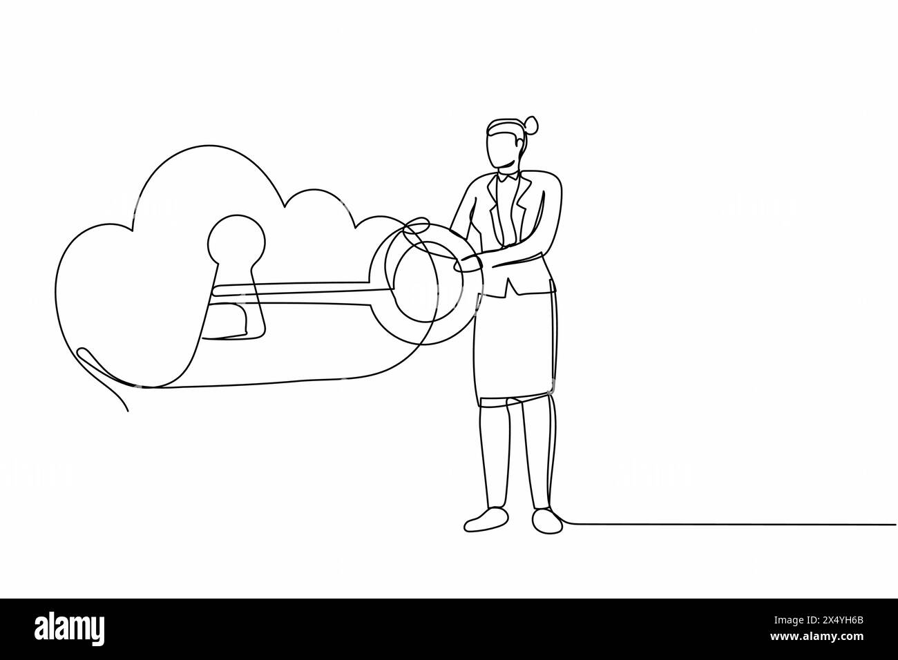 Continuous one line drawing businesswoman put key into cloud. Digital cloud system storage. Password lock security authentication. Online internet tec Stock Vector