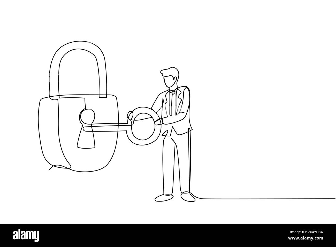 Continuous One Line Drawing Businessman Putting Big Key Into Padlock ...