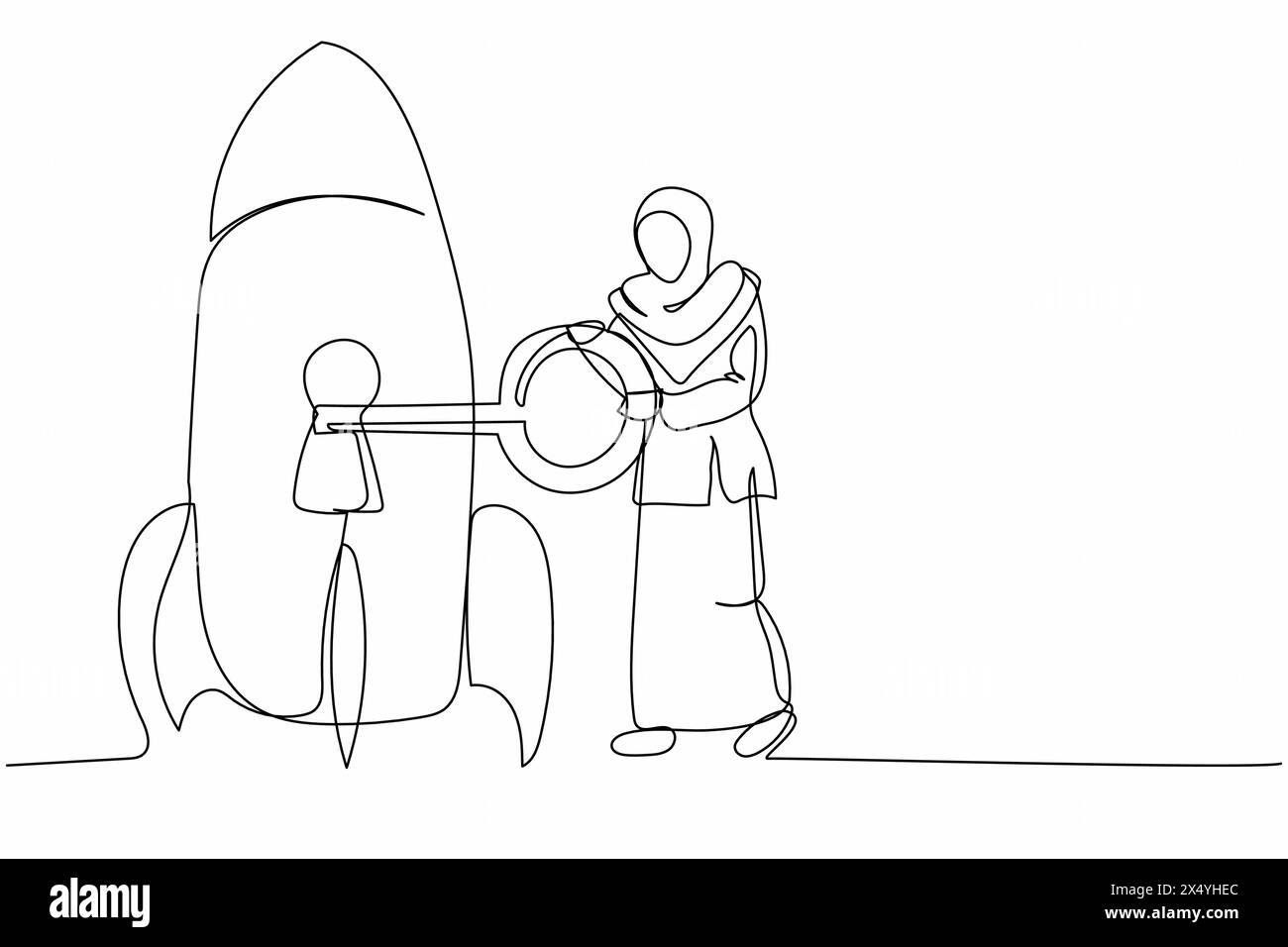 Single one line drawing Arab businesswoman put key into rocket. Unlock ...