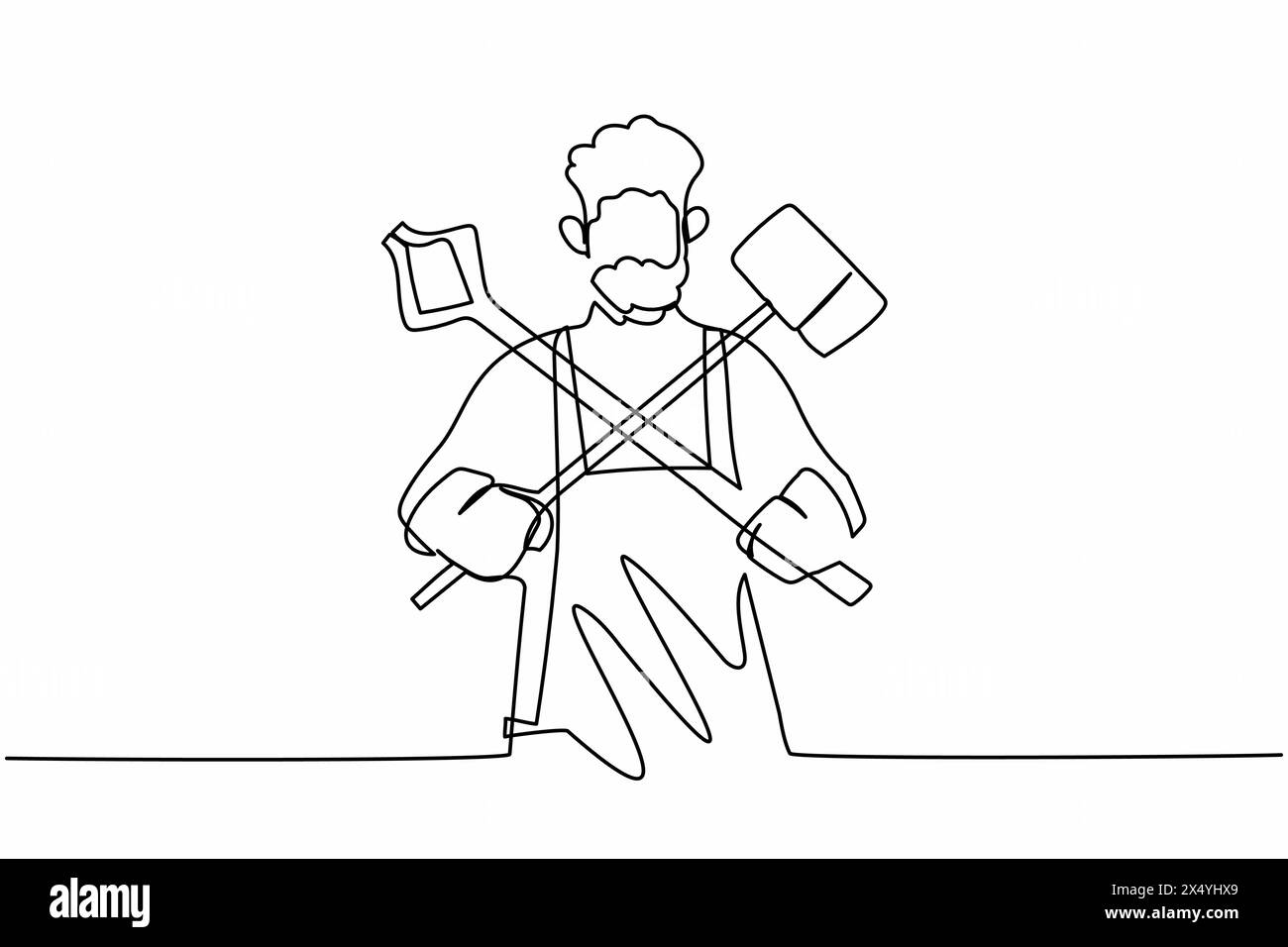 Single continuous line drawing bearded blacksmith standing wearing apron holding sledgehammer and pliers crossed. Worker producing steel craft in work Stock Vector