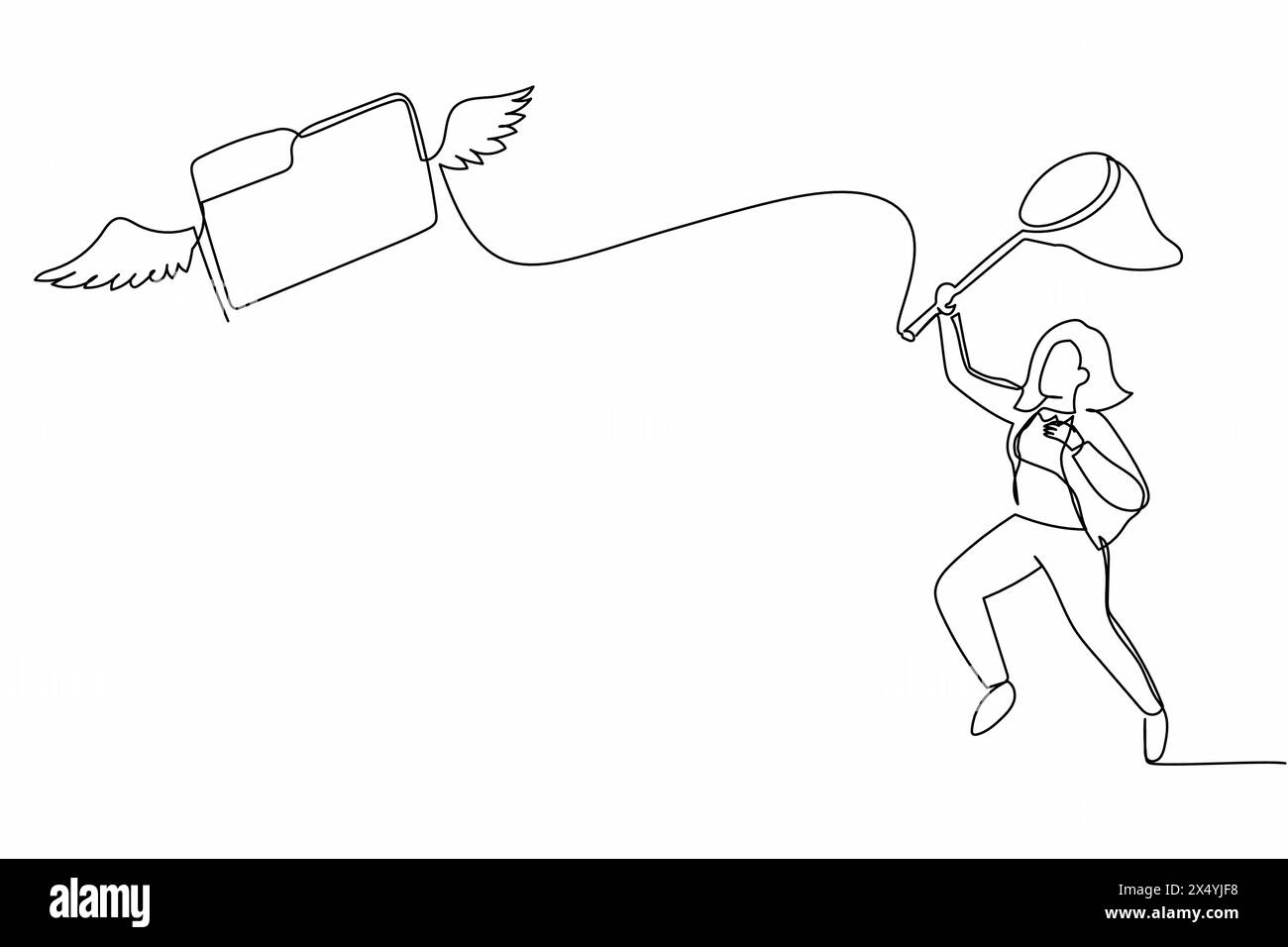 Single continuous line drawing businesswoman try to catching flying folder with butterfly net. Leakage of documents and storage data. Missing archive Stock Vector