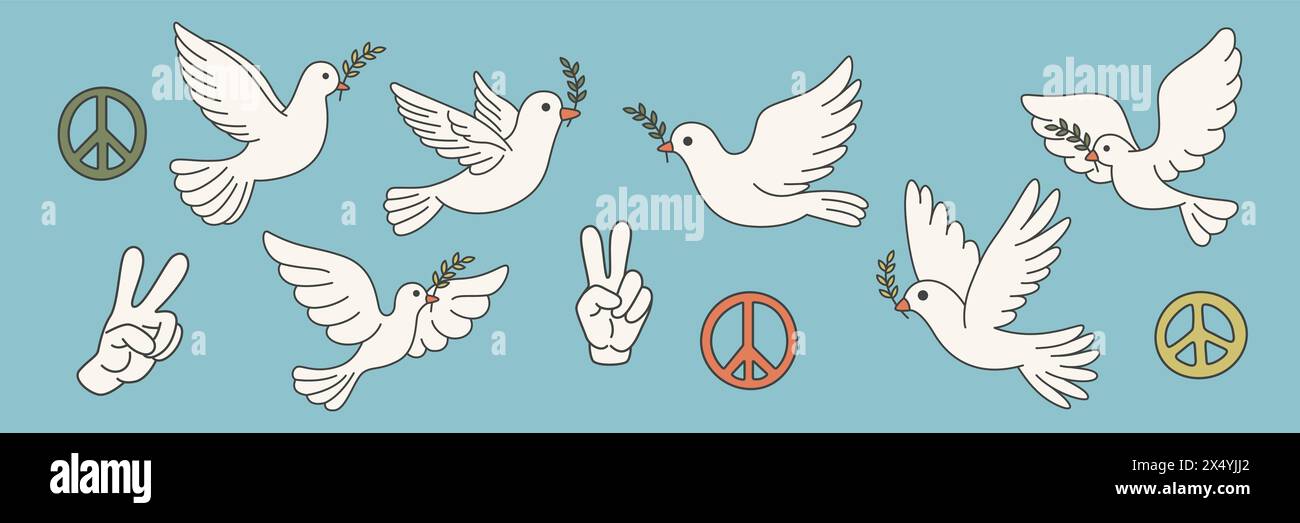 Vector Symbols of Peace - Hand Gesture, Dove, Olive Branch Design Template Set. Pacifist Icons, Vector Illustration Stock Vector