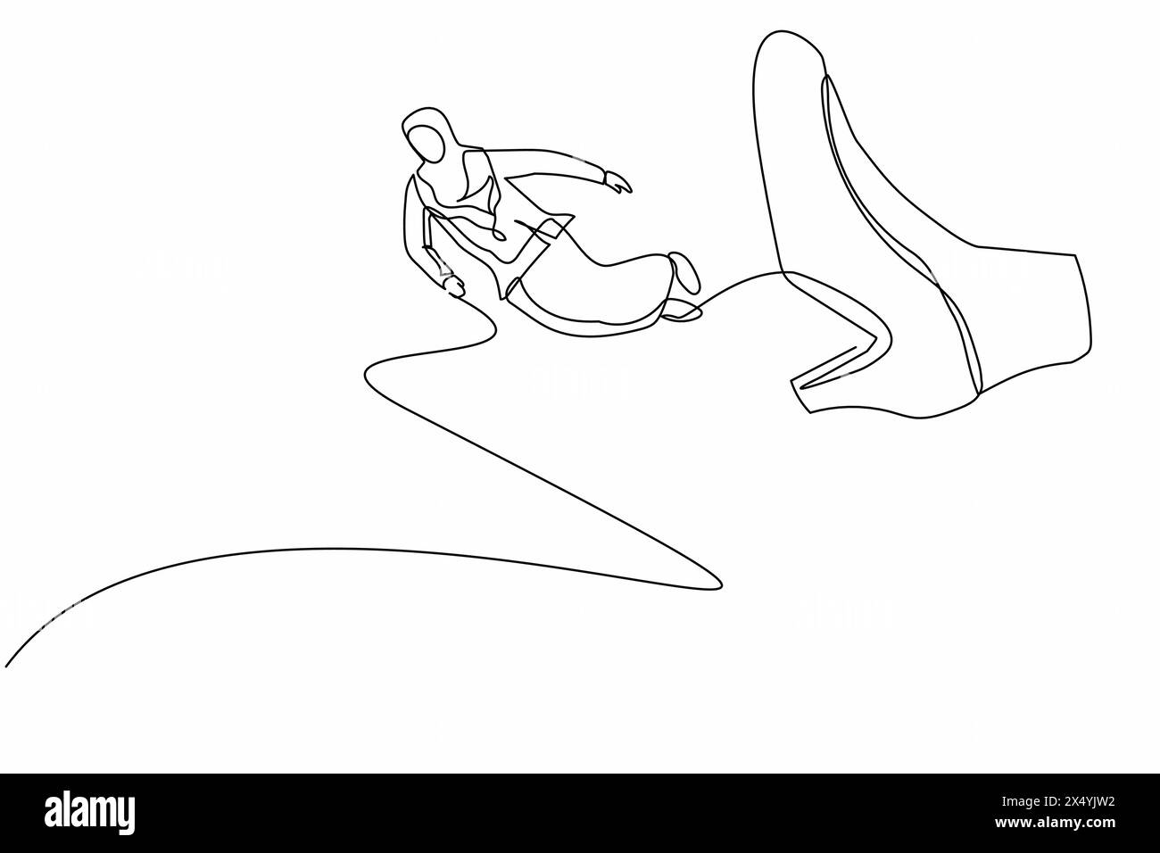 Single continuous line drawing failed Arab businesswoman getting fired, flying through air after being kicked in the back. Minimalism metaphor concept Stock Vector
