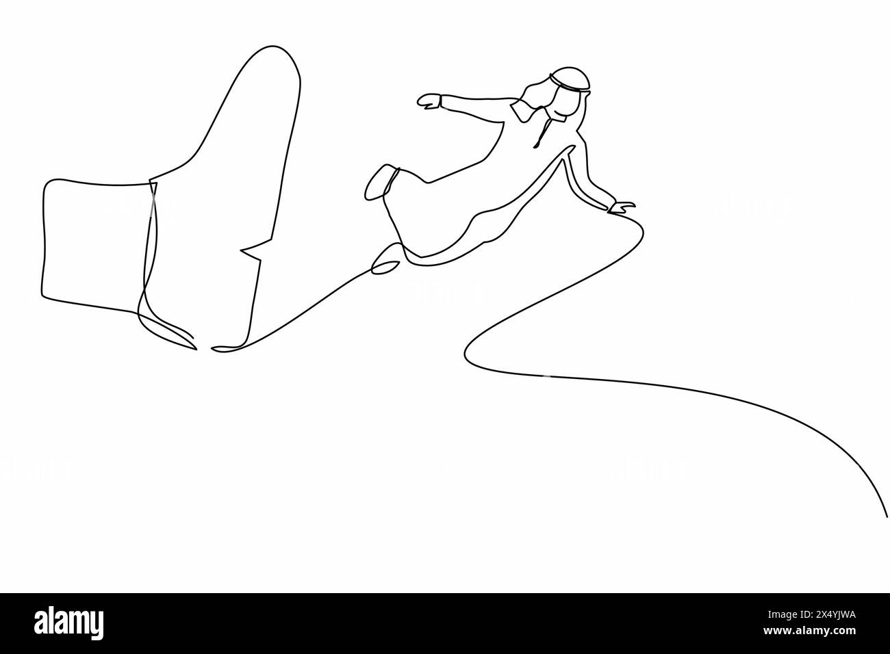 Single one line drawing young Arab businessman getting fired, flying through air after being kicked in the back. Male employee become jobless. Continu Stock Vector
