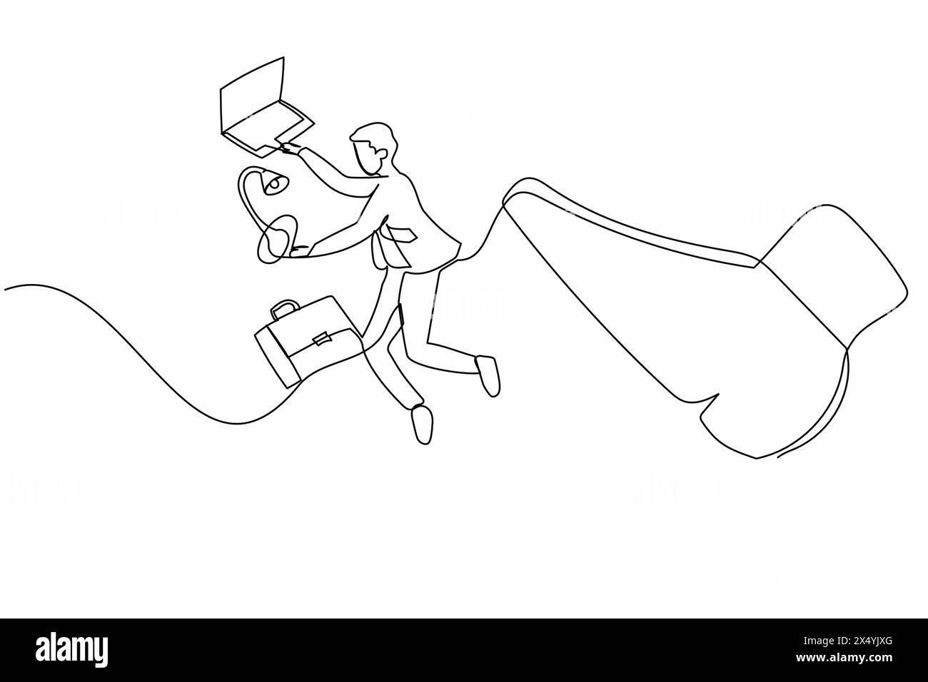 Single one line drawing young businessman kicked out of work with office supplies. Office worker being fired, Dismissal of staff. Minimal metaphor. Co Stock Vector